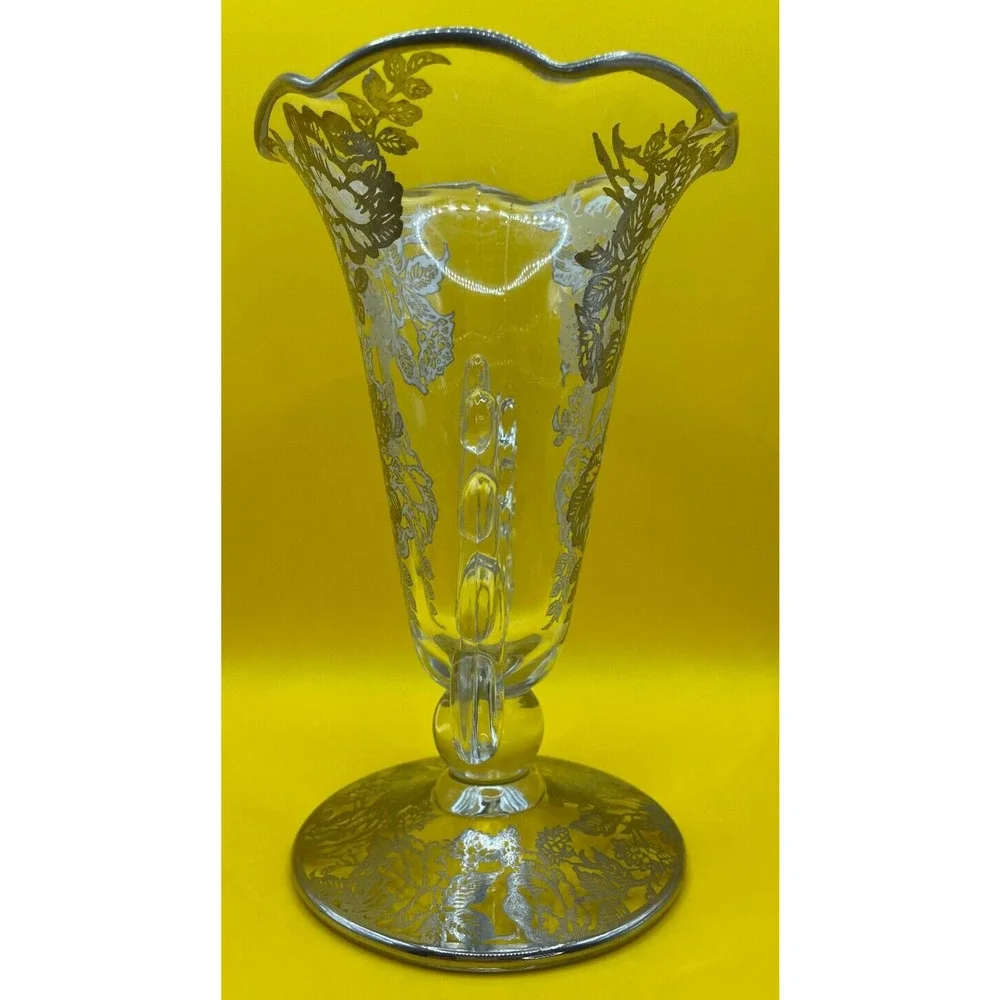Vintage 1940s Heisey Glass Lariat Crimped Top Vase With Silver Overlay Roses